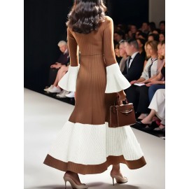 Women's Elegant Floor-Length A-Line Floor-Length Evening Gown with High Bell Sleeve & Puff Sleeve - Solid Brown & White Hem A-Line Silhouette, Floor-Length Formal Party Wedding Gala Dress - Machine Washable All-Season Tunic Dress for Women (Brown/White/Beige) - Structured Fit with Contrast Hem & Solid Color Design, Suitable for Adults, Chic & Sophisticated A-Line Silhouette, Wedding Dresses for Women Elegant Classy, Black Tie Event Dresses for Women,