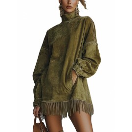 Bohemian Winter Dress with Suede Fringe Hem & Pockets - High Neck Long Sleeve Elegant Loose Fit Dress, 3D Tailored Silhouette for Weddings, Parties, Daily Wear - Machine Washable Autumn Dress