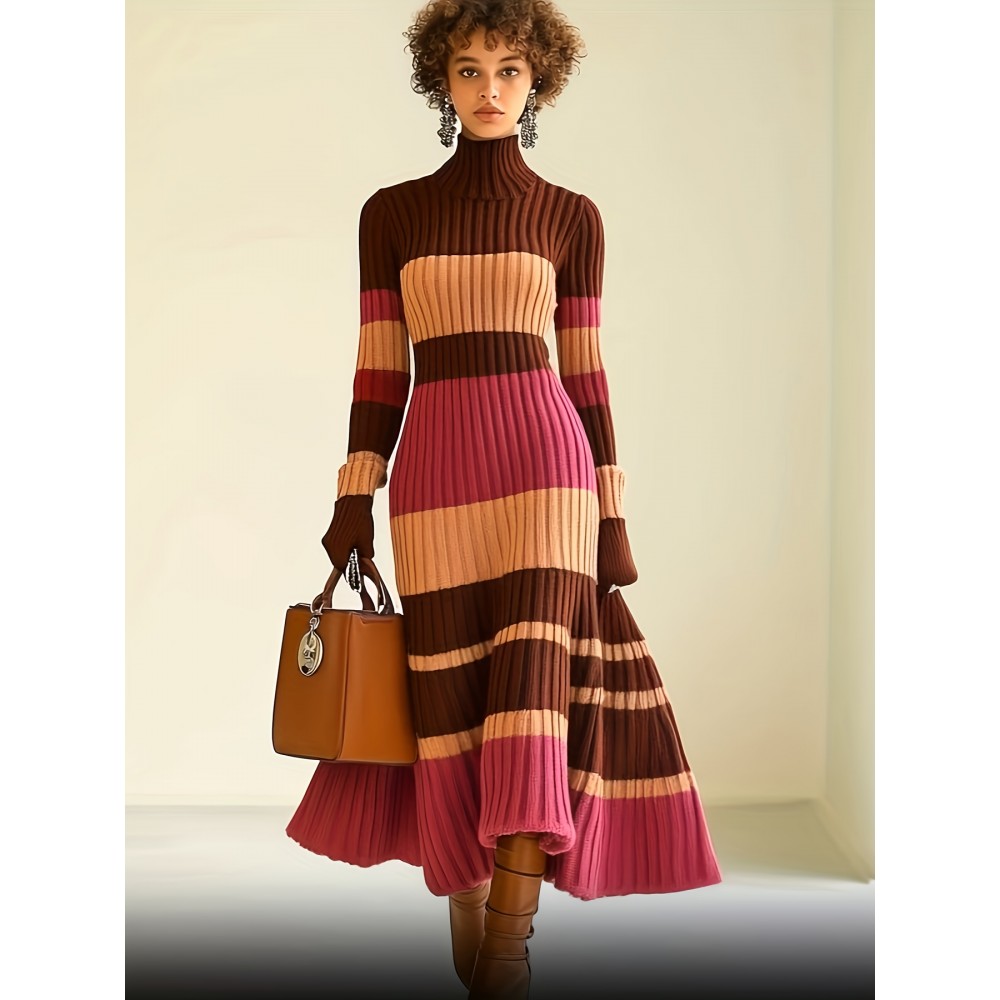 1pc Women's Deer Plush Three-Color Spliced Dress, High Neck Striped Fashion Casual Commuter Warm for Autumn and Winter