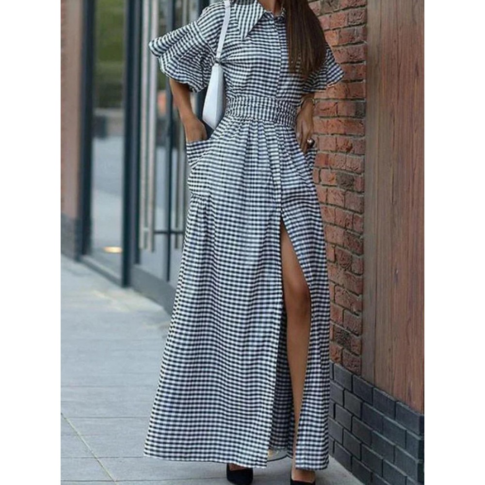 Women'S New Christmas Elements Green Red Plaid Long Casual Fashion Shirt Dress | Three Quarter Length Sleeve, V-neck, Vintage Style, All-season Wear