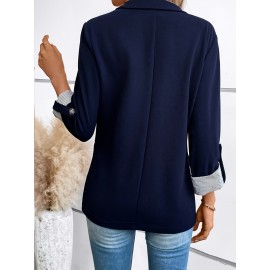 Women's Elegant Solid Black/White Lapel Blazer Jacket - Structured X-Line Single-Button Closure Work Suit Coat with Fake Pockets, Machine Washable Professional Office & Commuter Attire, Year-Round Tailored Outerwear