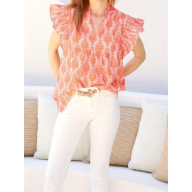 Women'S Summer Sleeveless V-Neck Tank Top - Vibrant Orange & White All-Over Print Loose Fit Flowy Shirt with Ruffled Hem, Lightweight Breathable Casual Blouse for Beach, Spring Summer Fall Layering, Versatile Everyday & Semi-Formal Wear, Seasonal Wardrobe Staple, Flowy Fabric, Blouse For Women Dressy Casual, Beautiful Blouse For Women, Elegant Blouse For Women, Women Top And Blouse, Blouse For Women, Top For Women