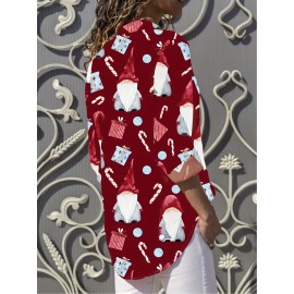 Women's Christmas Gnome & Candy Cane Print Long Sleeve Blouse - Red Collar Button Front Shirt with Gnome & Candy Cane Patterns, All-Season Casual & Holiday Party Outfit, Machine Washable Festive Sweater-Like Top