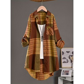 [Stylish Retro Shirt] Stylish Retro Striped Plaid Long Shirt for Women | New Casual Loose Long Sleeve Blouse