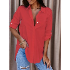 Women's Long Sleeve V-Neck Button Front Blouse - Solid Color Elegant Minimalist Shirt, Button- Collar Top for Office, Casual & Smart-Casual Wear, Spring/Autumn Daily Outfits (Hand Wash/Dry Clean) - Versatile Neutral Attire