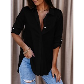 Women's Long Sleeve V-Neck Button Front Blouse - Solid Color Elegant Minimalist Shirt, Button- Collar Top for Office, Casual & Smart-Casual Wear, Spring/Autumn Daily Outfits (Hand Wash/Dry Clean) - Versatile Neutral Attire