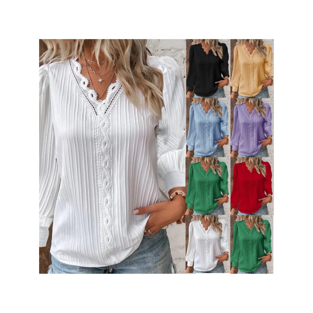 Fall Long Sleeve V-Neck Ruffled Panel Blouse for Women | Feminine Casual, Elegant Style, Solid Color, Suitable for Spring/Fall