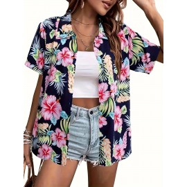 Women's Hawaiian Shirt - Short Sleeve A-Line Tropical Hibiscus & Palm Print Button-Front Blouse, Pink/Orange/Green/Navy Blue - Soft Breathable Aloha Top for Beach Vacation, Hawaiian Luau Party & Summer Outfits (Machine Washable)