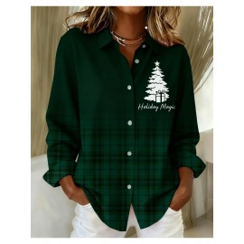 Women's Vintage Plaid Button- Shirt - Ruffle Collar Blouse, Loose Fit Casual Long Sleeve Top with Plaid Patterns (///Navy), Machine Washable for Autumn Winter Office & Casual Attire