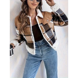 Vintage Corduroy Jacket with Faux Trim - Plaid Lapel Collar Short Coat, Workwear Lapel Pocket & Button Closure, Machine Washable Winter Outerwear (Brown/Beige) - Casual to Smart Casual Coat
