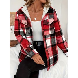 Women's -Lined Plaid Shirt Jacket - Warm Thick Winter Coat with Button Front Closure, Longline Fall Outerwear, Machine Washable Casual Blouse for Christmas & Cold Weather