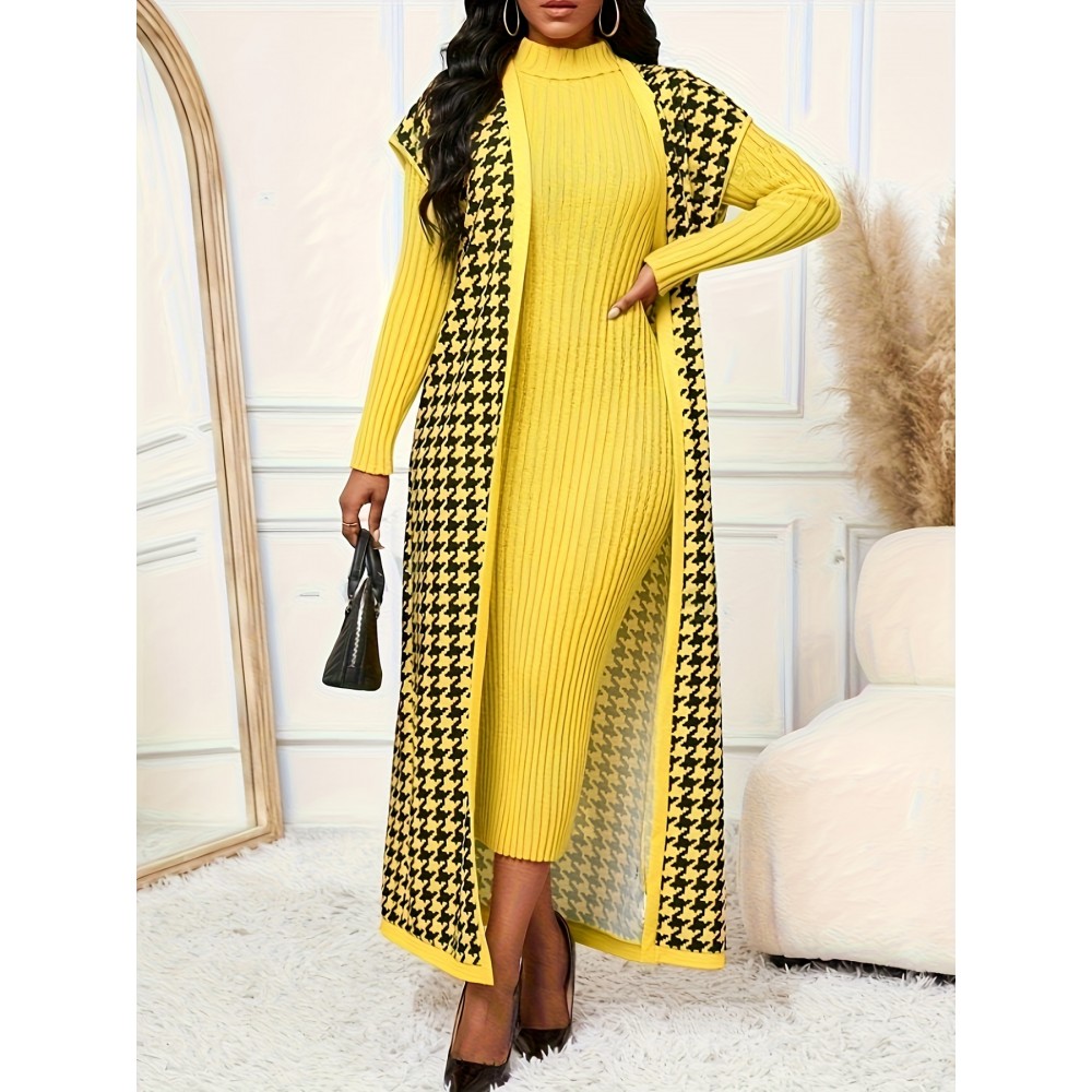 Women's Elegant Houndstooth Print Cardigan Vest - Oversized Collar Long Sleeveless Jacket, Black/White/Yellow/Beige, Fall Winter Warm Coat, Machine Washable Blazer for Casual & Formal Wear