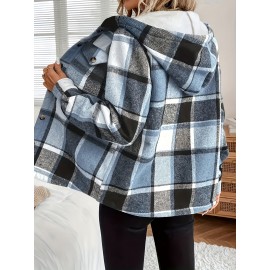Women's Retro Plaid -Lined Hooded Jacket - Soft Brushed Polyester Button-Front Coat, Cozy Winter Outerwear for Fall & Winter, Casual Elegant Blazer (Single-Breasted Button Closure)