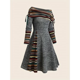 Contrast Striped Drawstring Smocked Dress, Chic Long Sleeve Dress For Spring & Fall, Women's Clothing