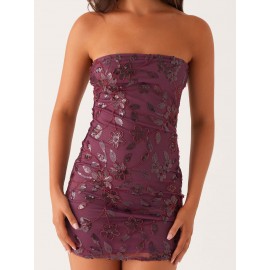 Women's Sexy Red Beaded Floral Off-Shoulder Bodycon Mini Dress - Sparkly Sequin Sleeveless Open Back Tube Top, Summer Party & Night Out Dress, Machine Washable
