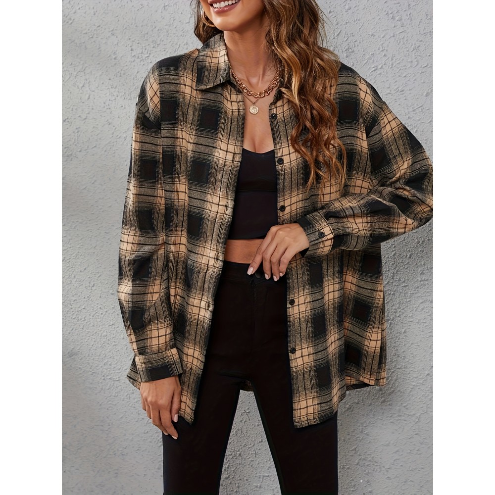 Elegant Women's Plaid Shirt - Polyester, Machine Washable, Non-Sheer, Collared, All-Season Fashion Blouse