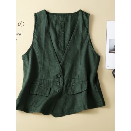 Women's Breathable Linen Sleeveless V-Neck Tank Top - Solid Color Button-Front Summer Blouse, Casual Sleeveless Vest for Beachwear, Dresses & Layering, Machine Washable Year-Round Tops