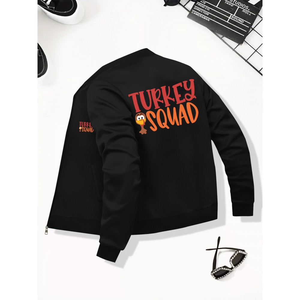 Women's Turkey Squad Graphic Zip-Up Jacket - Black Casual Slim Fit Stand Collar Coat with Pockets, Machine Washable Fall Winter Outerwear