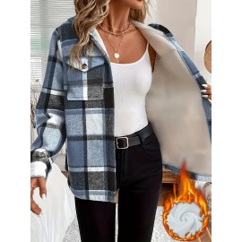 Women's Retro Plaid -Lined Hooded Jacket - Soft Brushed Polyester Button-Front Coat, Cozy Winter Outerwear for Fall & Winter, Casual Elegant Blazer (Single-Breasted Button Closure)